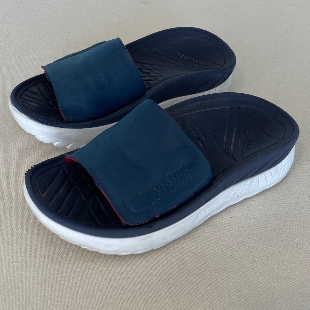 Vionic Rejuvenate recovery slides slip-on velcro closure size 5 navy
